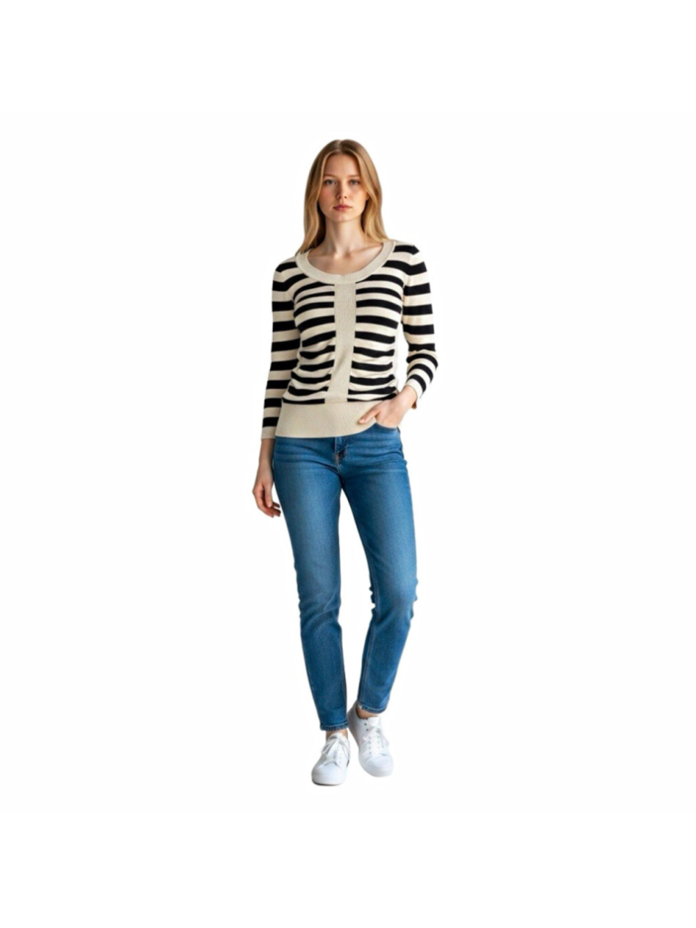 t/o Women's Lightweight Rib-Knit V-Neck Beige/Black Striped Sweater L